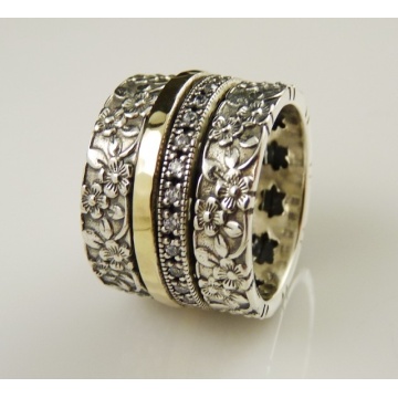 Inel Sylvara din argint 925 și aur 14K – model floral gravat, fără pietre - Img 3