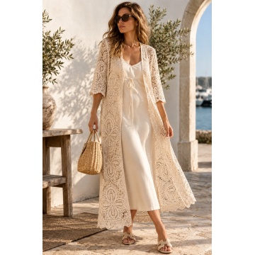 RG0802 – Cardigan Lung (M–XL) Croșetat Boho din Bumbac 100% – Crem Natural - Img 1