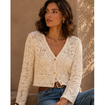 RG1040 – Cardigan din bumbac 100% cu broderie reliefată și nasturi aurii – Ivory - Img 2