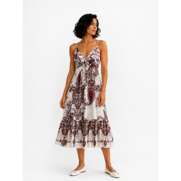 RG10928 (S-XL)–Rochie midi boho bordo din 100% vascoza cu imprimeu paisley - Fabricata in Italia