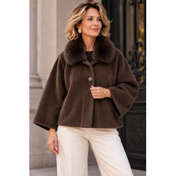 RG1777M Jachetă scurtă (L–2XL) din amestec de lână cu guler din blană pufoasă – Made in Italy
