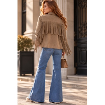 RG202293A–Sacou damă cu franjuri Western Chic – efect piele întoarsă, Taupe - Img 4