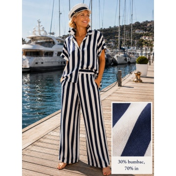 RG240 Set EU 42–46 (L–XXL) oversized din in și bumbac cu dungi Albastru marin- – Cămașă & Pantaloni Palazzo | Fabricat în Italia - Img 4