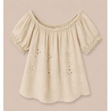 RG3216 B Bluză boho cu umeri goi din bumbac 100% – Broderie florală italiană BEJ - Img 3