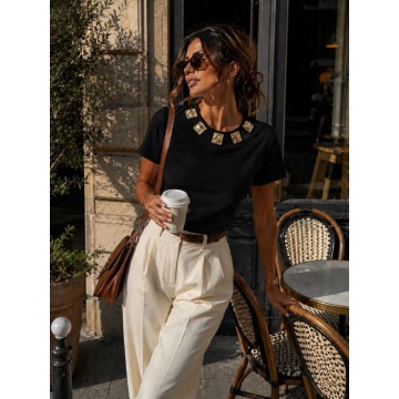 RG377–Tricou negru Elegance Jewel – Bumbac cu Aplicații Aurii - Img 3