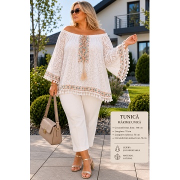 RG3992-v Tunică Boho din Dantelă Brodată cu Decolteu Bardot, Paiete și Ciucuri – Fabricată în Italia-marime 42–54 (XL–5XL)