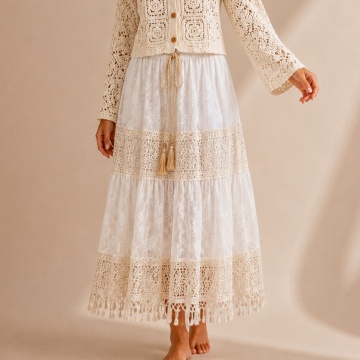 RG5106-2 Fustă Boho Midi din Dantelă cu Volane, Curea Împletită și Franjuri – Alb Ivory | Fabricată în Italia, marime 38-52