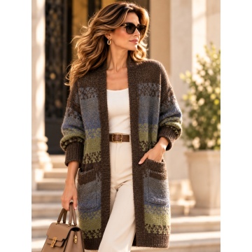 RG6007M–Cardigan lung damă Jacquard Chic – tricot călduros, model geometric, cu buzunare