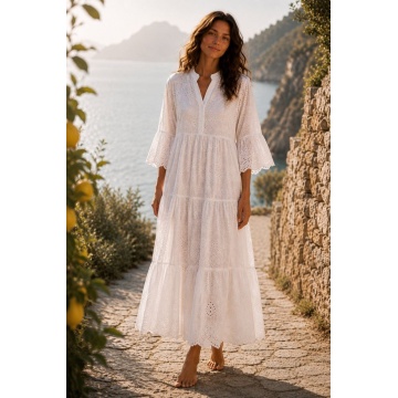 RG6053-2-1 Rochie lungă EU 40–44 (M–L) din Broderie Anglaise (Sangallo) – 100% Bumbac – Albă