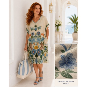 RG650953 Rochie midi din vâscoză cu lurex și imprimeu tropical – Mărime unică EU 46–52 (XL–3XL)