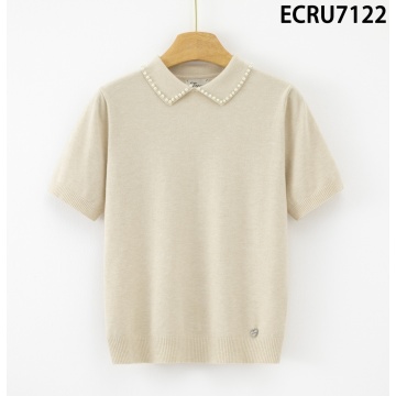 RG7122G Bluză crem tricotată fin cu guler decorat cu microperle – Eleganță discretă - Img 2