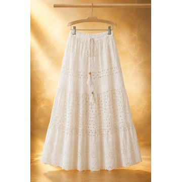 RG9036A–Fustă MIDI Albă din bumbac 100% cu broderie ajurată – Boho Elegance 40–46
