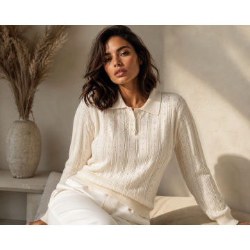 RG9211 C–Pulover Polo Tricotat Openwork Ivory – Soft Elegance (M–L) - Img 3