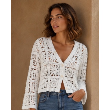 RG9288A–Cardigan croșetat din bumbac 100% alb (S-M)