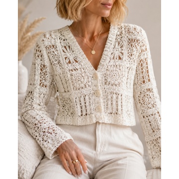 RG9288C–Cardigan scurt croșetat din bumbac 100% CREM (S-M) - Img 3