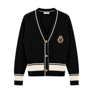 RG98573 Black–Cardigan tricotat Royal Crest – stil Preppy Chic, emblemă cu cristale și nasturi aurii EU 36–40 (S–M/L) - Img 2