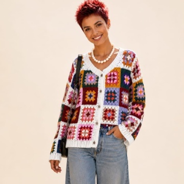 RGEJ007 Cardigan Croșetat Patchwork Multicolor 100% Acrilic (M–4XL) - Img 4