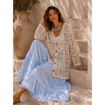 RGR6962 Cardigan Croșetat Bej Natural 100% Bumbac (M–4XL)