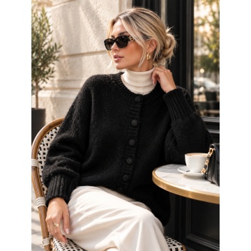 RGWL-080100N–Cardigan Negru Pufos cu Lână și Nasturi Îmbrăcați – Soft Elegance L–3XL (42–46)