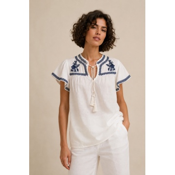 RGXF1169 Bluză Ivoire cu Broderie Contrast