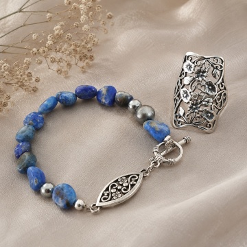 Set Lapis Lazuli Regal – Brățară cu Pietre Naturale și Inel Floral din Argint 925 R3150