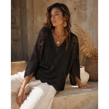 Bluză Boho din Bumbac 100% cu Dantelă Ajurată – Negru RG2006