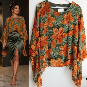 Bluză L-2XL Florală Khaki Orange din Mătase și Vâscoză – One Size RG9072RK - Img 4