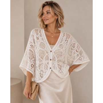 Kimono Boho Ajurat cu Broderie Florală – Crem, 100% Bumbac RG2002A - Img 4