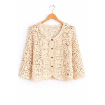 RG 8128 – Cardigan Croșetat Ajurat din Bumbac 100% crem - Img 3