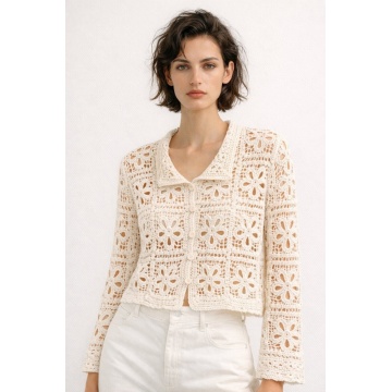 RG 8130 – Cardigan Croșetat Ajurat din Bumbac 100% CREM - Img 3