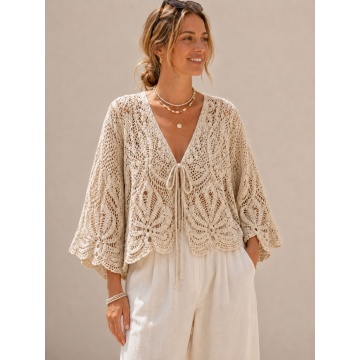 RG1040A8 – Cardigan din bumbac croșetat cu aspect macramé –Natur –Bumbac 100%