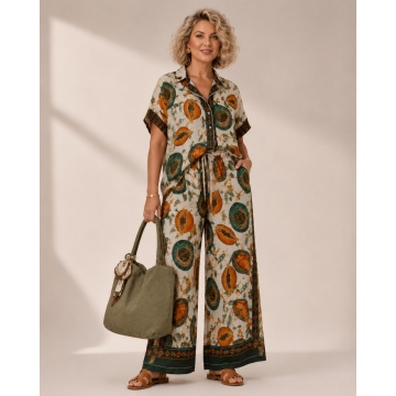 RG170300 Set EU 42–46 (L–XXL) oversized din in și bumbac cu imprimeu Papaya – Cămașă & Pantaloni Palazzo | Fabricat în Italia