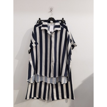 RG240 Set EU 42–46 (L–XXL) oversized din in și bumbac cu dungi Albastru marin- – Cămașă & Pantaloni Palazzo | Fabricat în Italia - Img 3