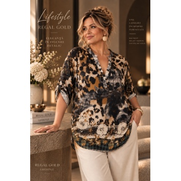 RG24633– XL–2XL Tunică Oversize din Vâscoză cu Imprimeu Floral & Leopard Camel – Wild Elegance