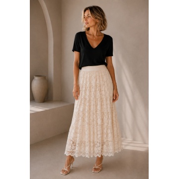 RG3116 Fustă lungă boho din dantelă brodată – Alb Ivory | Fabricată în Italia, marime 42-52 - Img 2