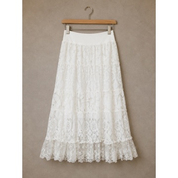RG3116 Fustă lungă boho din dantelă brodată – Alb Ivory | Fabricată în Italia, marime 42-52