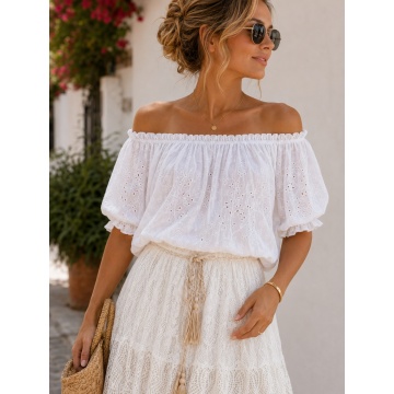 RG3216 A Bluză boho cu umeri goi din bumbac 100% – Broderie florală italiană