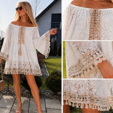 RG3992-v Tunică Boho din Dantelă Brodată cu Decolteu Bardot, Paiete și Ciucuri – Fabricată în Italia-marime 42–54 (XL–5XL) - Img 3