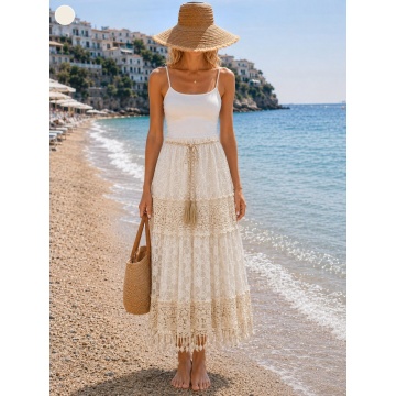 RG5106-2 Fustă Boho Midi din Dantelă cu Volane, Curea Împletită și Franjuri – Alb Ivory | Fabricată în Italia, marime 38-52 - Img 3