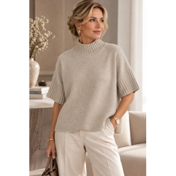 RG5224T –Pulover Taupe Oversize cu Guler Înalt și Mâneci Scurte – Soft Knit - Img 2