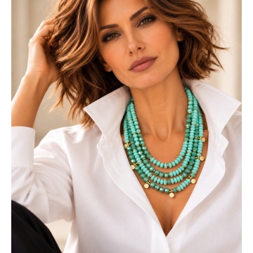 RG551376-T Colier statement cu 4 șiraguri de rășină turcoaz și accente aurii – Turquoise Chic