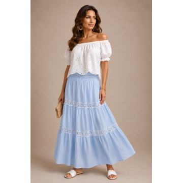 RG7052 Fustă light blue Lungă Boho Elegance din Bumbac cu Inserții din Dantelă - Img 4