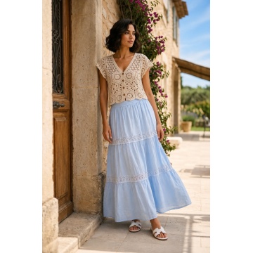 RG7052 Fustă light blue Lungă Boho Elegance din Bumbac cu Inserții din Dantelă