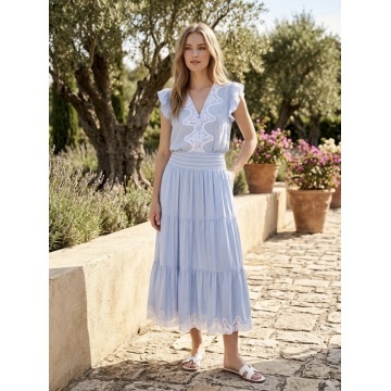 RG7055 Fustă midi light blue cu Volane și Tiv Brodat - Img 4