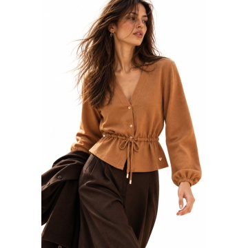 RG7143CA–Cardigan din tricot fin cu șnur reglabil în talie – Caramel
