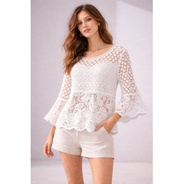 RG8109 – Bluză alba Openwork din Bumbac cu Mâneci Evazate – Stil Elegant Feminine– Bumbac 100% - Img 3