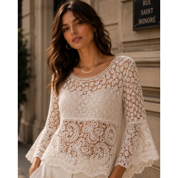 RG8109 – Bluză alba Openwork din Bumbac cu Mâneci Evazate – Stil Elegant Feminine– Bumbac 100% - Img 4
