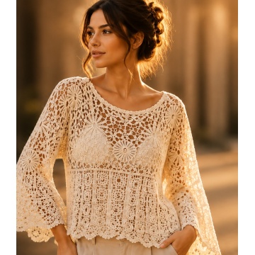 RG8110 CREM –Bluză Croșetată Ajurată – 100% Bumbac