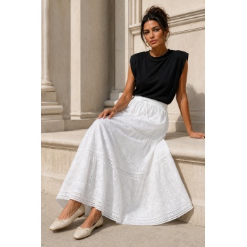 RG9036A1–Fustă MIDI albă din bumbac cu broderie ajurată – Pure Elegance 40–46 - Img 4