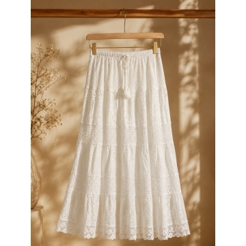 RG9036A1–Fustă MIDI albă din bumbac cu broderie ajurată – Pure Elegance 40–46 - Img 5